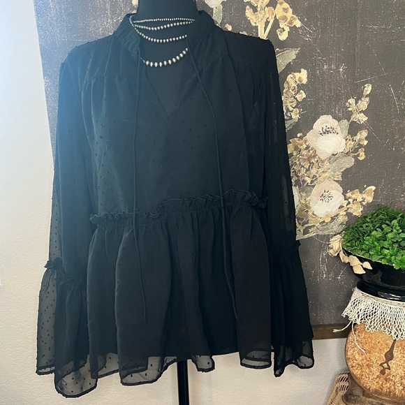 Libby Edelman Black Swiss Dot Sheer Peasant Bell Sleeve V Neck Blouse Sz L - Picture 1 of 9